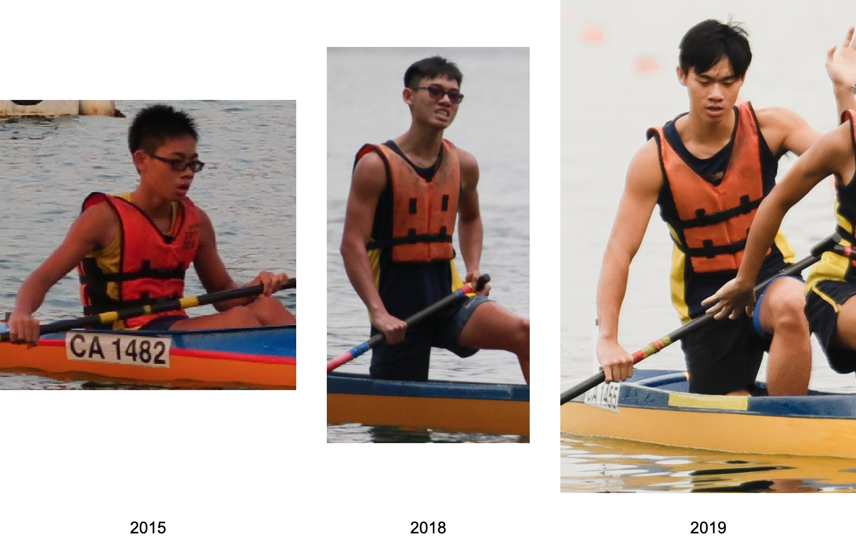 Three photos from 2015, 2018, and 2019 showing a young male paddler in orange life vest kayaking on water.
